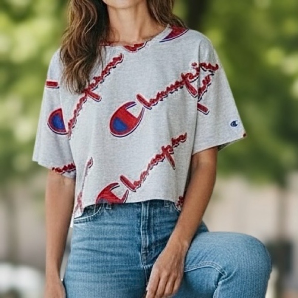 Champion Reverse Weave Tee T Shirt Gray w Red Spellout Logo Size XL Cropped